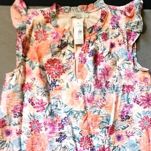 LOFT Pink and Orange Ruffled Sundress with Mandarin Collar